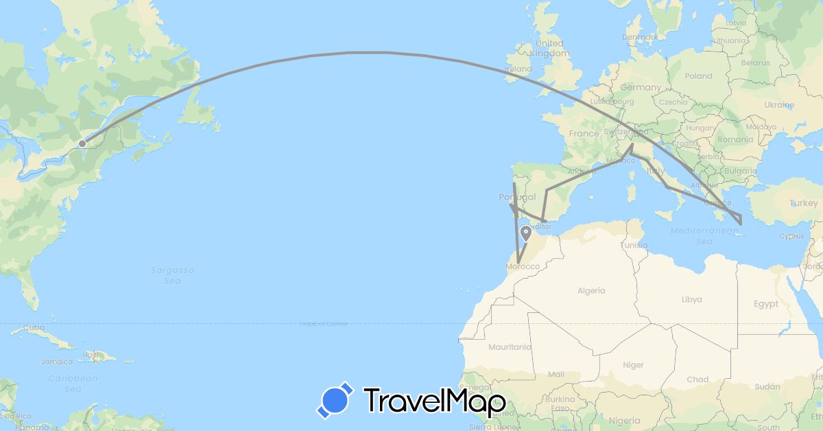 TravelMap itinerary: driving, plane in Canada, Spain, France, Greece, Croatia, Italy, Morocco, Monaco, Portugal (Africa, Europe, North America)